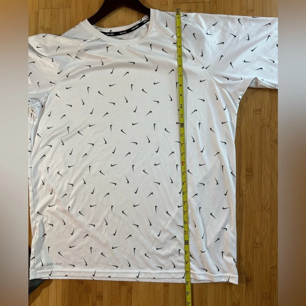 Nike Dri-FIT Men’s Large White T-Shirt All Over Black Swoosh Print Activewear